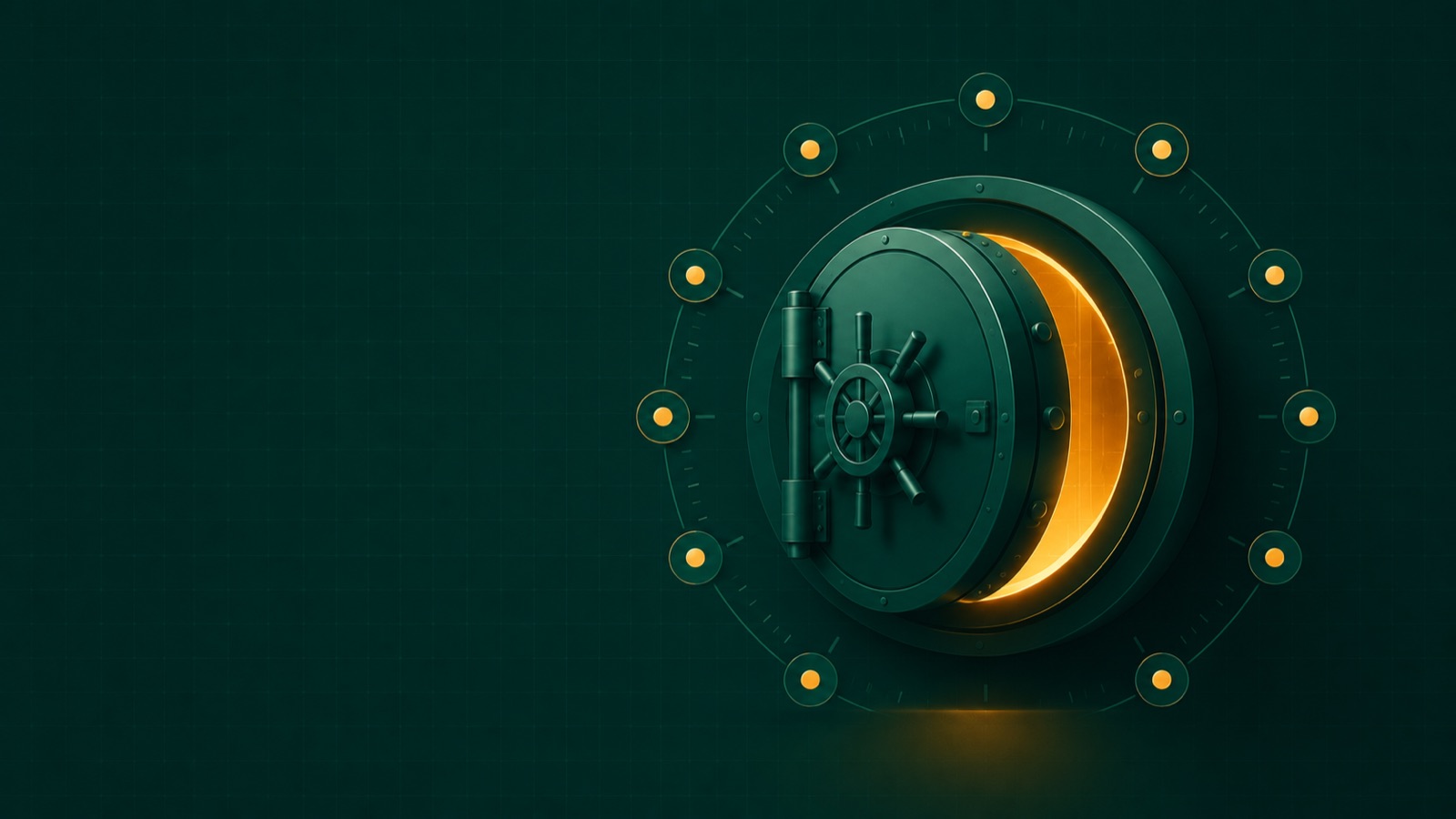 Porta de cofre circular entreaberta com luz âmbar escapando, representando um programa de acesso restrito