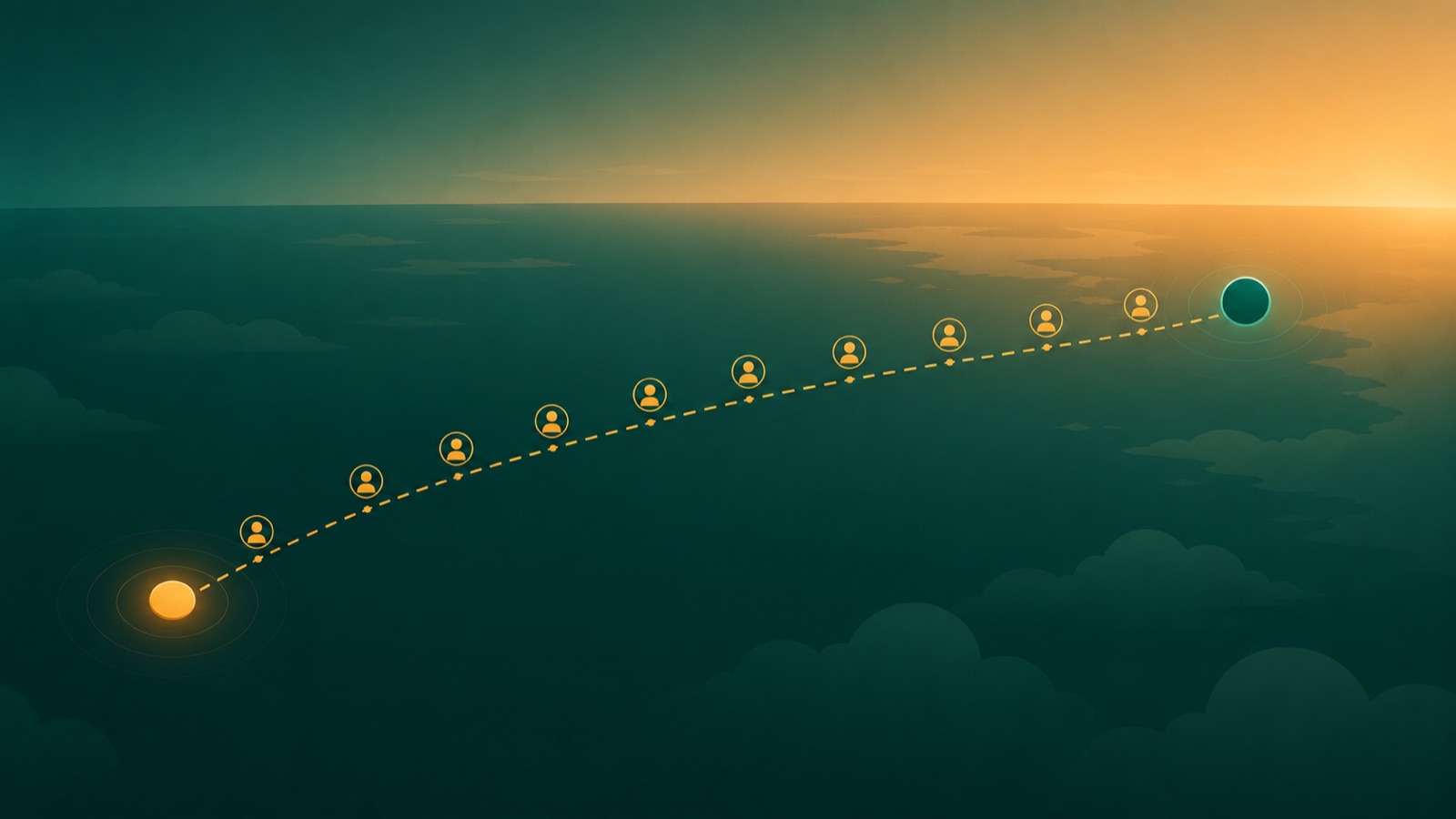 Rota aérea pontilhada cruzando o oceano ao entardecer, com marcadores ao longo do caminho