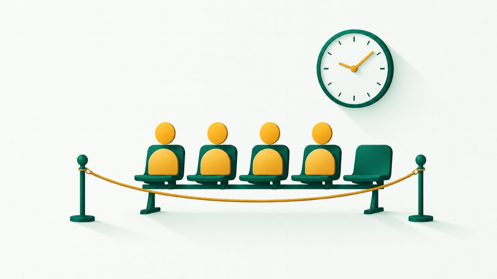 Cinco assentos em fila delimitados por um cordão, com um relógio ao fundo, representando a lista fixa de beneficiários e a carência