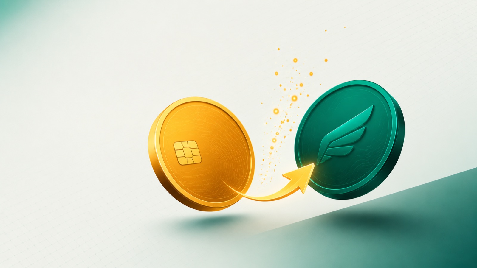 Duas moedas: uma âmbar com textura de cartão de crédito e outra verde com uma asa, ligadas por uma seta de conversão